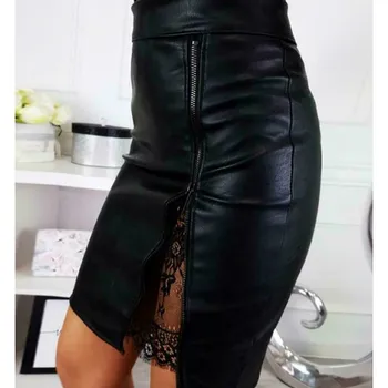 Nové Módne Ženy Office Elegantný Mini Sukne Čipky patchwork Lady Vysoký pás PU Kožené Zips Sukne Split Bodycon Party Oblečenie