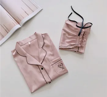 Nové Pyžamo pre Ženy Faux Hodváb Pyžamo Nastaviť Jednoduché Čisté Farby Voľný Odev Saténové Krátke Rukávy Sleepwear