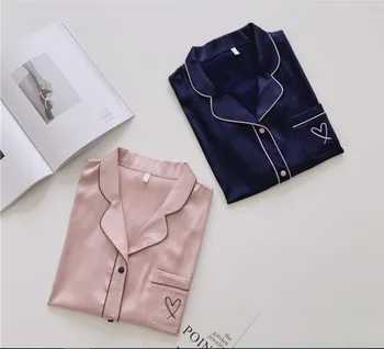 Nové Pyžamo pre Ženy Faux Hodváb Pyžamo Nastaviť Jednoduché Čisté Farby Voľný Odev Saténové Krátke Rukávy Sleepwear