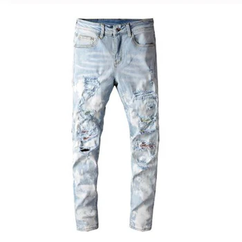 Nové pánske muž crystal light blue snehu umyté strečové džínsy Streetwear slim chudá drahokamu roztrhlo džínsové nohavice nohavice