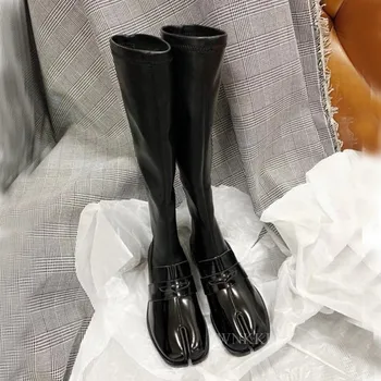 Nové Split Prst úsek Kolená vysoké topánky pre Ženy lakovanej kože zmiešané farby dlhé dámy topánky s nízkym podpätkom Kovboj Rytier botas 2020