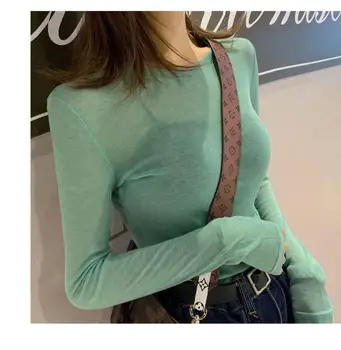 NOVÉ Začiatku jesene žien tenké časti 2019 Slim t-shirt žena dlho puzdre tričko Tencel vlna klesnutie tričko iny
