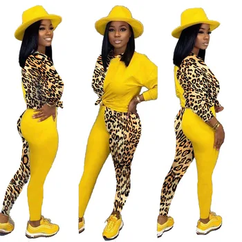 Nové Zimné Jeseň Bežné Leopard Patchwork Tlač Dve Kus Ženy O-Krk Dlhý Rukáv Top A Bodycon Nohavice, Tepláky Oblečenie