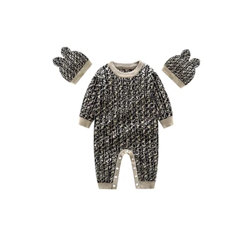 Nové zimné móda novorodenca oblečenie pletený sveter písmeno f Dlhý rukáv bavlna sveter batoľa chlapec dievčatá Romper a klobúk sady