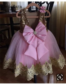 Nové Zlaté Flitre Ružová Tylu Dievčatká Narodeniny Party Šaty s veľkým Luk Princezná Sprievod Šaty Deti, Oblečenie pre Obrad