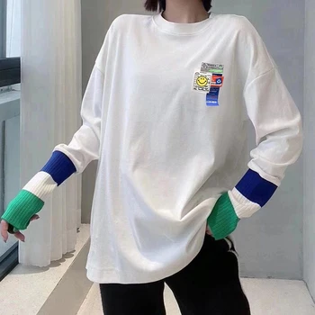 Nové žien Plyšové o-krku pletený spojov stredná dĺžka T-shirt kórejský voľné nadrozmerné biely top zimné base T-shirt 2020