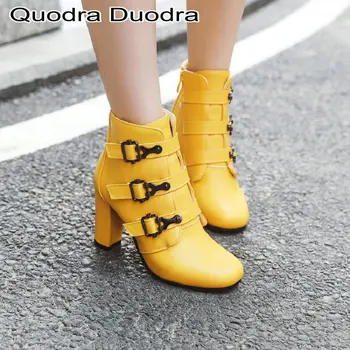 Nový blok vysoké podpätky žena topánky pracky popruhu zips ženy zimné žltá biela žena martin členková obuv veľká veľkosť 41 42 43 sexy
