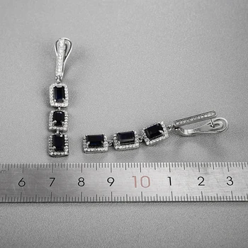 Nový dlho štýl Spona náušnice s prírodnými black sapphire vzácny drahokam emerald rez šperky 925 sterling silver pre ženy