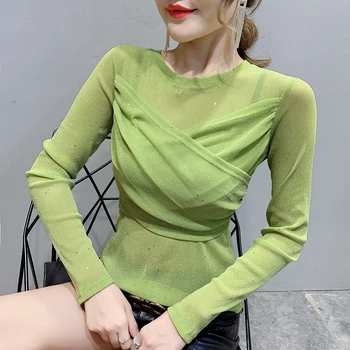 Nový kórejský Štýl Plus velvet pribrala Oka Sexy Tričko Jeseň zima 2020 Slim jednofarebné O Krk Dlhý rukáv Tshirts 61A