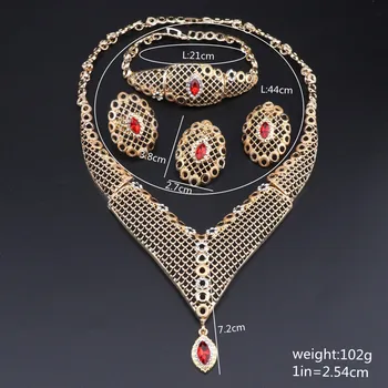 Nový Príchod Dubaj Ženy, Zlatá Farba Šperky Sady Red Crystal Náhrdelník Náramok, Náušnice, Prsteň Svadobné Svadobné Módne Šperky Nastaviť