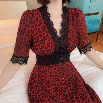 Nový príchod fashion party šaty elegantné ženy jeseň tvaru polovičný rukáv čipky leopard šaty temperament lady-line dlhé šaty