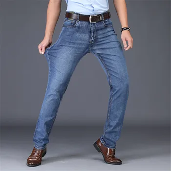 Nový Príchod Jar Leto Denim Pant Mužov Bežné Rovno Mid-pás Mens Džínsy Plus Veľkosť 30-44 Tenké Modré Džínsy, Mens Oblečenie