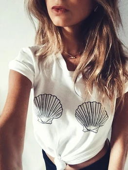 Nový príchod Sea shell vytlačené t shirt vtipné tričko ženy módne topy lumbálna T shirt lete bežné dievčatá topy tees - K032
