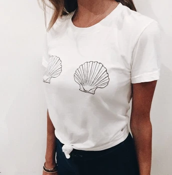Nový príchod Sea shell vytlačené t shirt vtipné tričko ženy módne topy lumbálna T shirt lete bežné dievčatá topy tees - K032