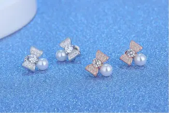 Nový príchod teplej predaj módnych bowknot pearl zirkón 925 sterling silver dámy'stud náušnice ženy šperky darček drop shipping