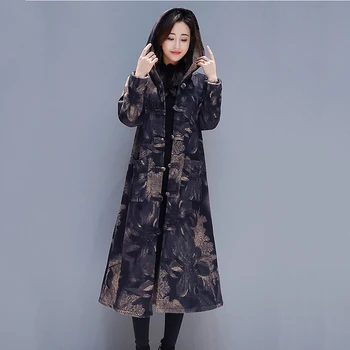 Nový Čínsky štýl, Plus Velvet Žien Dlhej časti Bavlna Vatovaný Kabát Národnej vietor Zime Teplá Bavlnená Bunda s Kapucňou Veľká Veľkosť