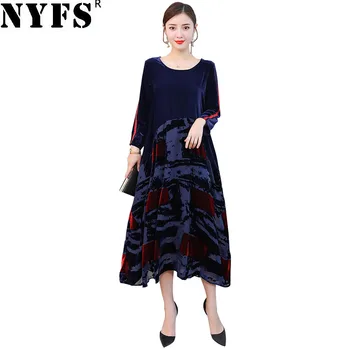 NYFS 2021 Nové Jeseň Žena Šaty Voľné Vintage Sedem-quarter sleeve Tlač dlhé šaty Vestidos Župan Elbise M-4XL Veľkosť