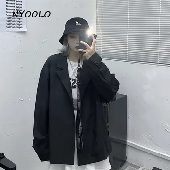 NYOOLO Harajuku Vintage Singel svojim solid farba čierna Blejzre Jeseň streetwear voľné dlhý rukáv kabáta, ženy, mužov, vrchné oblečenie