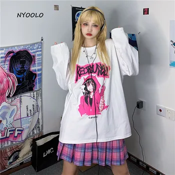 NYOOLO Jeseň streetwear komiksu, Anime, hip hop dievča listov tlač dlhý rukáv T-shirt ženy oblečenie Harajuku voľné topy čaj