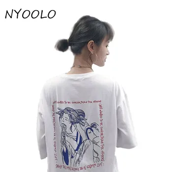NYOOLO Špeciálny dizajn letné módy streetwear Japonský geisha listov tlač voľné krátke sleeve T-shirt ženy/muži oblečenie, topy