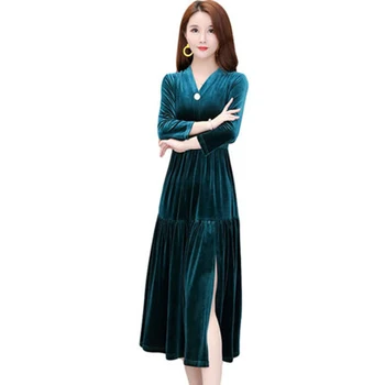 Námornícka Modrá 3/4 SleevesGold zamatové Šaty Žien 2020 Jar Leto Vintage Pocket-line Bežné Šaty Elegent Strany Vestidos