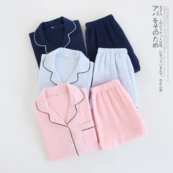 Námornícka modrá bavlna, krep pyžamo šortky sady ženy letné Japonské jednoduché pijamas mujer pyžamá ženy bežné sleepwear