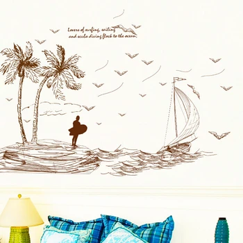 Náčrt coconut tree plachetnici seagull beach surf krajiny samolepky na stenu obtlačky domova obývacie spálne tapety Umenie nástenná maľba