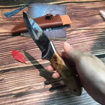 Nôž z nerezovej Ocele Tieň Dreva Rukoväť Rovný Nôž Poľovnícke Taktické Vonkajšie Nástroj Nože pre Vonkajšie Prežitie Kožený Plášť