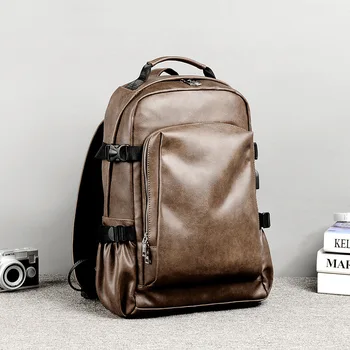 Obchodné Bežné Batohy Travel Bag Black PU Kožené pánske Tašky cez Rameno, Teenage Batoh Mužov USB Nabíjanie Anti Theft Batoh