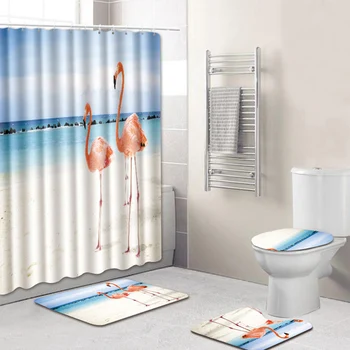 Ocean Beach Tému Kúpeľňa protišmykový Podstavec Koberec + Veko Wc Kryt + Vaňa Mat+Vodotesný Sprchový záves s 12 Háčiky