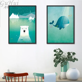 Oceán Fantázie Nordic Cartoon Veľryba Polar Bear Plátno, Maľovanie, Nočné Zviera Plagát Na Stenu Obraz Detského Domova, Izba Dekor Nástenná Maľba