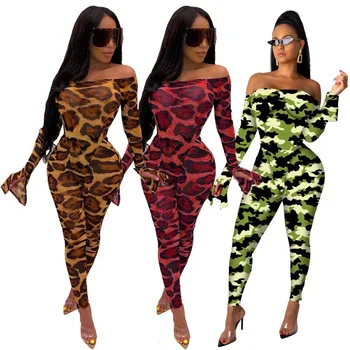 Oka Úplnej Leopard Kamufláž Dve Kus Ženy Festival Oblečenie Sexy Remienky Top Nohavice Zodpovedajúce 2 Kus Club Oblečenie