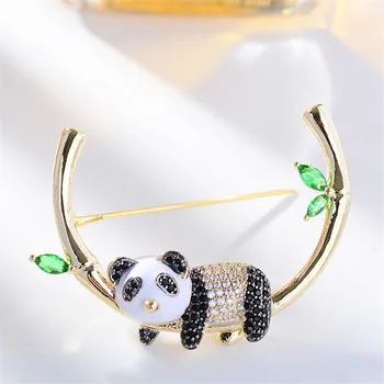 OKILY Roztomilý AAA Zirkón Panda Brošne s Bambusom pre Ženy Brošňa Jeseň Kabát, Sveter Ornament Očarujúce Vianočné Darčekové Príslušenstvo