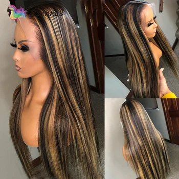 Ombre zvýrazniť ľudské vlasy parochňa Brazílsky hodvábne rovné 13x1 T časť čipky parochne PrePlucked s baby vlasy Remy vlasy čierne Ženy