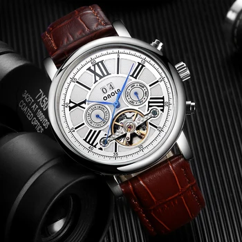 ONOLA Značky kvalitné mechanické hodinky muži móda bežné elegantné náramkové hodinky kožený opasok automatické mechanické hodinky pre mužov