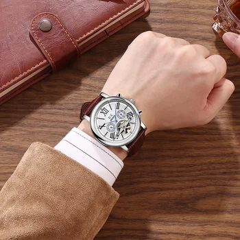 ONOLA Značky kvalitné mechanické hodinky muži móda bežné elegantné náramkové hodinky kožený opasok automatické mechanické hodinky pre mužov