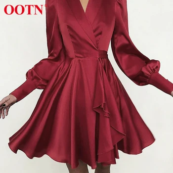 OOTN Sexy Satin Červená Ženy Šaty Svietidla Rukáv Pás Vysoký Pás Skladaný Krátke Šaty tvaru Elegantnej Čiernej A-Line Dámske Šaty