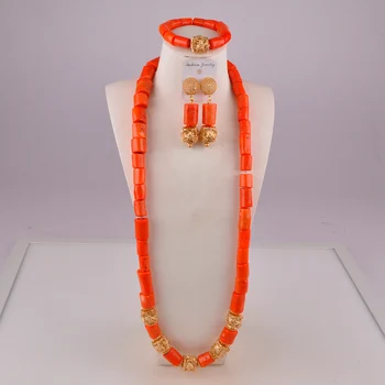 Orange Prírodné Coral Perličiek Nigéria Svadobné Afriky Nevesta Svadobné Šperky Žena Kostým Hostiny, Šperky, Doplnky Nastaviť AU-106
