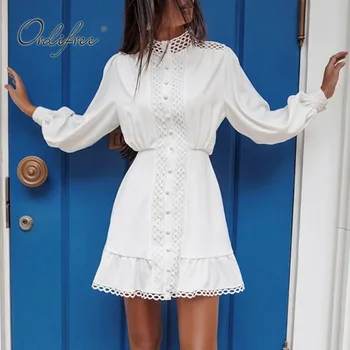 Ordifree 2021 Leto, Jeseň Ženy Biele Mini Šaty S Dlhým Rukávom Duté Von Krátke Tunika Plážové Šaty Dovolenku Povolanie Oblečenie