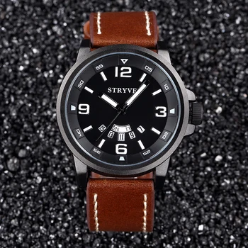 Originálne kožené kapela dual dátum pánske módne hodinky značky stryve hodinky mužov hot predaj nových dizajnér značkové hodinky waterrpoof