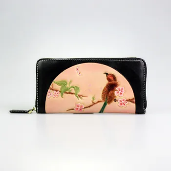 Originálne kožené ženy dlho kabelku bird tlač na zips na mince peňaženky ručné kabelku