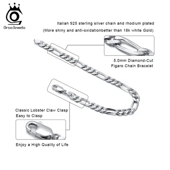 ORSA KLENOTY talianskeho 925 Sterling Silver Mužov Náramok 5.0 mm Diamant-Cut Figaro Reťazca Náramok pre Ženy Široký Hrubé Náramok SB66