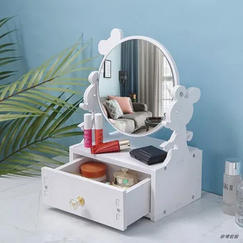 Otočiť Drevené Roztomilý Make-up Zrkadlo DIY Montáž Stôl, Toaletný Zrkadlo Ženy Prenosné Veľké Kozmetické Úložný Box Polica WF