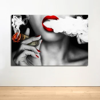 OUCAG Ženy Červené Pery Fajčenie Peniaze Plagát A Vytlačí Módy Sexy Lady Plátno na Maľovanie na Stenu Umenie Kresby Na Obývacia Izba, Spálňa