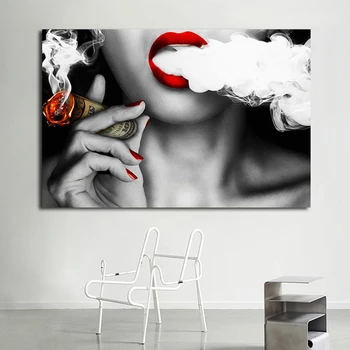 OUCAG Ženy Červené Pery Fajčenie Peniaze Plagát A Vytlačí Módy Sexy Lady Plátno na Maľovanie na Stenu Umenie Kresby Na Obývacia Izba, Spálňa