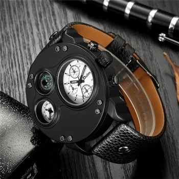 Oulm Nové Módne Príležitostné Športové pánske Hodinky Čierne Kožené Dual Time Zone Náramkové hodinky Muž Quartz Veľká Veľkosť Luxusné Vojenské Hodinky