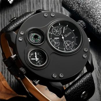 Oulm Nové Módne Príležitostné Športové pánske Hodinky Čierne Kožené Dual Time Zone Náramkové hodinky Muž Quartz Veľká Veľkosť Luxusné Vojenské Hodinky