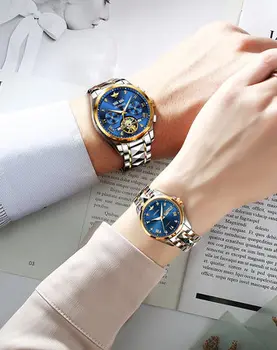 OUPINKE Luxusný Pár Sledujte Fashion Mužov Chronograf Mechanické Náramkové hodinky Klasické Modré Automatické Hodinky Ženám Zafír Nepremokavé