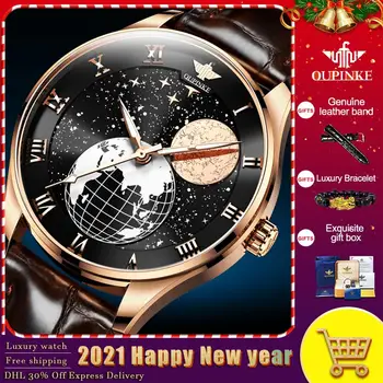 OUPINKE Top Značky Fázy Mesiaca Luxusné Muži mechanické Náramkové hodinky pánske Automatické Sapphire Hodinky Mechanické Moc