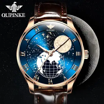 OUPINKE Top Značky Fázy Mesiaca Luxusné Muži mechanické Náramkové hodinky pánske Automatické Sapphire Hodinky Mechanické Moc